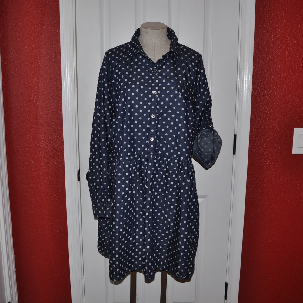 STEVIE & LINDSAY Polka-Dot Denim Shirt Dress [C9] - Picture 4 of 8
